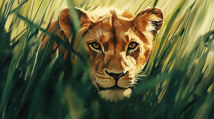 Wall Mural - Close-Up of Lioness in Tall Grass, Safari Wildlife 