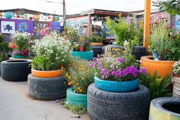 Colorful Recycled Tire Planters with Blooming Flowers