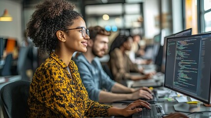 Woman coding on a computer with a blurred background of colleagues