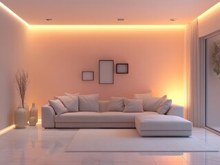 Modern living room with peach-painted walls, warm lighting, and neutral gray decor, ideal for the soft light of a winter afternoon