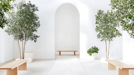 Wall Mural - Modern minimalist interior with trees and wooden benches