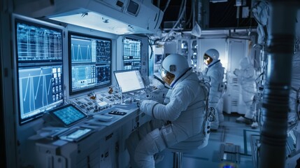 A high-tech space lab where astronauts use AI to conduct experiments