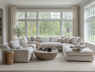 A living room designed for comfort, featuring oversized chairs, a plush sectional sofa, and a soft rug, making it the perfect space to unwind