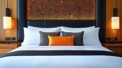 Close-up of a modern hotel bed with crisp white linens, decorative pillows, and an accent wall behind the headboard, Stylish hotel bed setup, Comfortable and refined