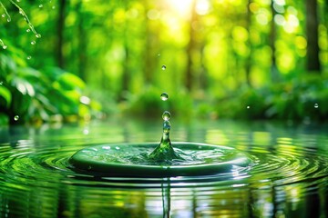 A dripping green pond water splashing into the surrounding foliage, foliage, pond, leaves, water, vegetation