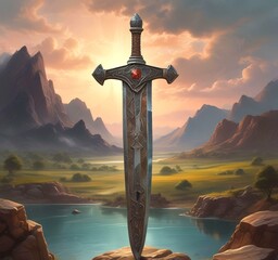 Illustration of ancient sword with landscape behind.