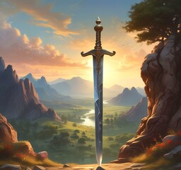 Illustration of ancient sword with landscape behind.