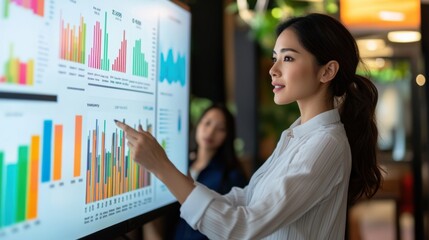 Poster - An Asian executive woman presenting financial projections with colorful graphs