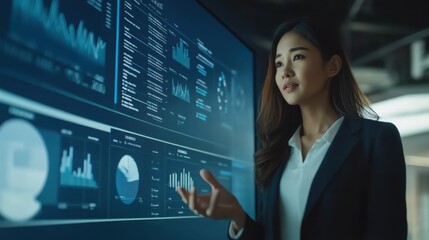 Poster - An Asian woman leader confidently presenting financial data on a large screen in a sleek,