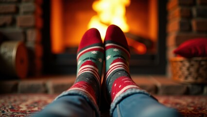 Warm socks with festive patterns, worn by a person relaxing by a cozy fireplace. The scene exudes comfort and holiday cheer in a rustic setting.