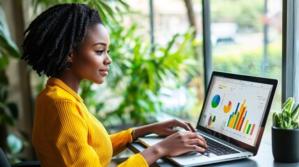 A focused businesswoman works on her laptop in a modern office environment, analyzing charts and graphs, demonstrating productivity and professionalism.