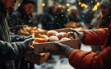 A group of people exchanges boxes of colorful fruits in a snowy setting, creating a warm and festive atmosphere. Soft lights illuminate the background.