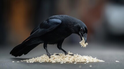 Wall Mural - Close-up of a crow eating rice from a pile on the ground in an outdoor setting with a blurred background.