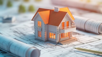 Wall Mural - 3d rendering project of new building model house on blueprint plan