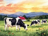 Serene watercolor painting of a lush dairy farm at the tranquil break of dawn  Cows graze peacefully in the meadow as freshly milked pails glisten in the soft morning light  The muted