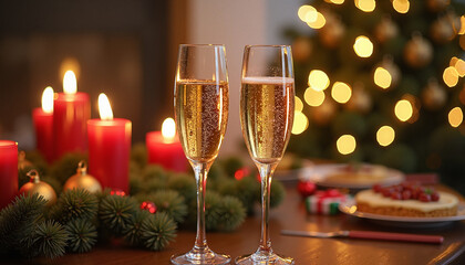 Two champagne glasses next to candles and a Christmas tree for a festive celebration
