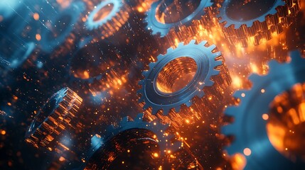 Dynamic 3D render of gears in motion teamwork concept illustrating success in technology and innovation