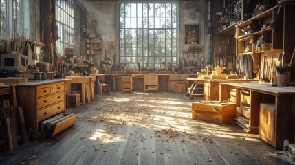 A well-equipped woodworking workshop with tools, wood, and sawdust on the floor. Sunlight shines through a large window.