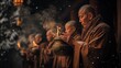 © Aleksandr S - A group of monks holds clay pots containing flickering flames, engaged in a serene ritual inside the temple as gentle snow falls outside, creating a calm atmosphere