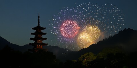vibrant fireworks light up the night sky, exploding in a dazzling array of colors over a traditional
