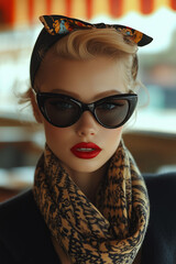 Blonde woman model wearing red lipstick, black sunglasses, and a scarf around her head, looking into the camera in a 1950s style, street cafe background