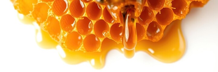 Close-up of golden honeycomb with dripping honey on white background, sweet, close-up