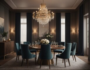 a high-quality 3D render of an elegant dining area, emphasizing sophistication and comfort. Incorporate a stylish dining table, comfortable chairs, and a statement chandelier.