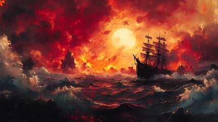 A lone ship sails through a stormy sea at sunset, with a full moon and red, dramatic clouds in the sky.