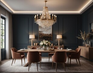 a high-quality 3D render of an elegant dining area, emphasizing sophistication and comfort. Incorporate a stylish dining table, comfortable chairs, and a statement chandelier.