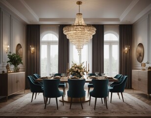 a high-quality 3D render of an elegant dining area, emphasizing sophistication and comfort. Incorporate a stylish dining table, comfortable chairs, and a statement chandelier.