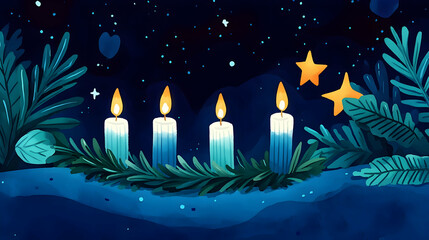 Wall Mural - blue candles and stars in the night, dark, sky, green, leaves, foliage
