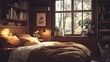 © rawdesign - Cozy Bedroom with Wooden Bookshelves and a Window View