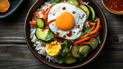 Wall Mural - Wooden bowl with rice, fried egg, cucumber, carrots, cilantro, and sauce on rustic wooden table