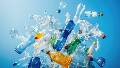 Wall Mural - Lots of plastic bottles on the bank of a river or sea with blue skies. Concept of protecting the environment from man-made garbage