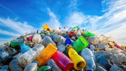 Wall Mural - Lots of plastic bottles on the bank of a river or sea with blue skies. Concept of protecting the environment from man-made garbage