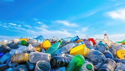 Wall Mural - Lots of plastic bottles on the bank of a river or sea with blue skies. Concept of protecting the environment from man-made garbage