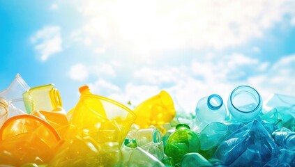 Wall Mural - lots of plastic bottles on the bank of a river or sea with blue skies. concept of protecting the env