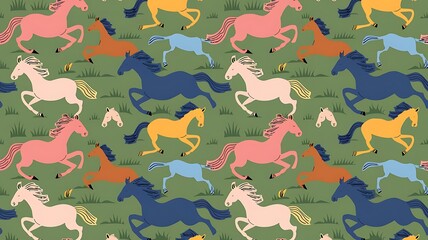 seamless pattern with colorful horses, vector illustration