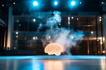 A glowing orange brain shape, surrounded by white smoke, on a dark stage.