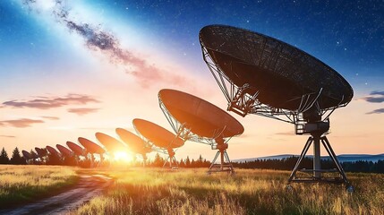 Wall Mural - A futuristic depiction of a hightech radio telescope array scanning the cosmos for signals of intelligent life from distant galaxies.