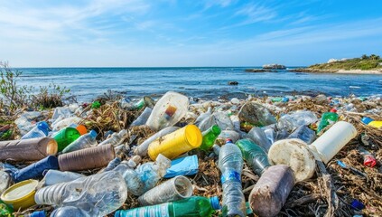 Wall Mural - lots of plastic bottles on the bank of a river or sea with blue skies. concept of protecting the env