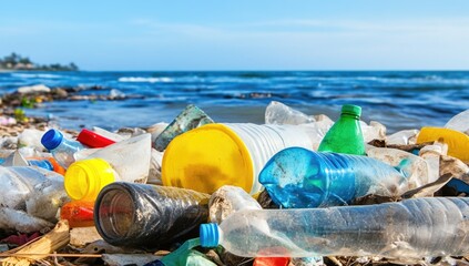 Wall Mural - lots of plastic bottles on the bank of a river or sea with blue skies. concept of protecting the env