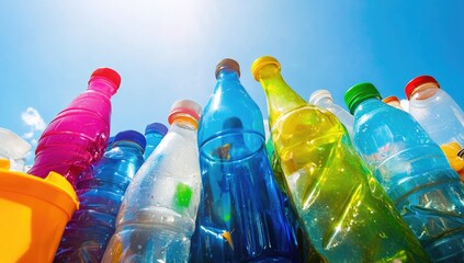 lots of plastic bottles on the bank of a river or sea with blue skies. concept of protecting the env