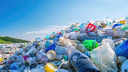 Wall Mural - lots of plastic bottles on the bank of a river or sea with blue skies. concept of protecting the env