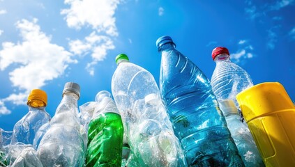 Wall Mural - lots of plastic bottles on the bank of a river or sea with blue skies. concept of protecting the env