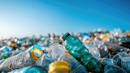 Wall Mural - lots of plastic bottles on the bank of a river or sea with blue skies. concept of protecting the env