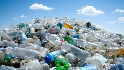 Wall Mural - lots of plastic bottles on the bank of a river or sea with blue skies. concept of protecting the env