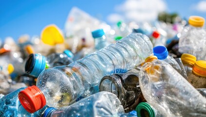 Wall Mural - lots of plastic bottles on the bank of a river or sea with blue skies. concept of protecting the env