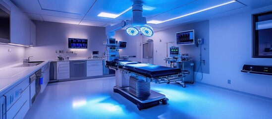 A modern operating room with a surgical table, medical equipment, and a bright blue light.