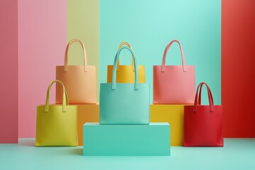 A row of colorful handbags are displayed on a green platform